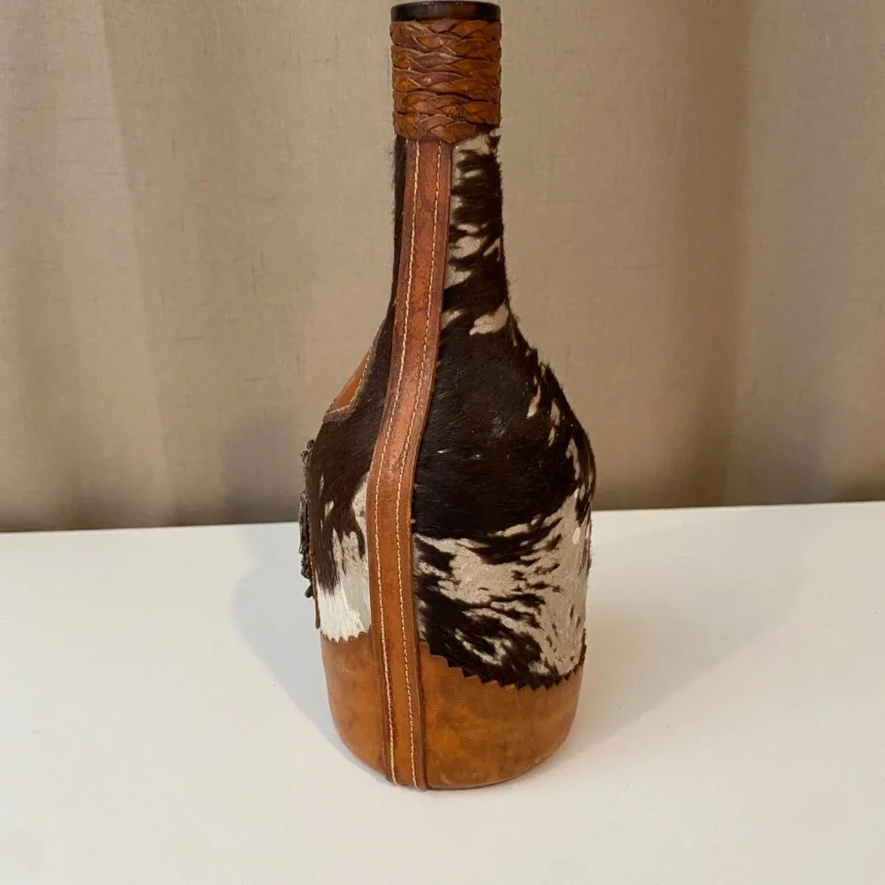 Vintage‎ Leather and Cowhide Wrapped Whiskey Bottle 9.5